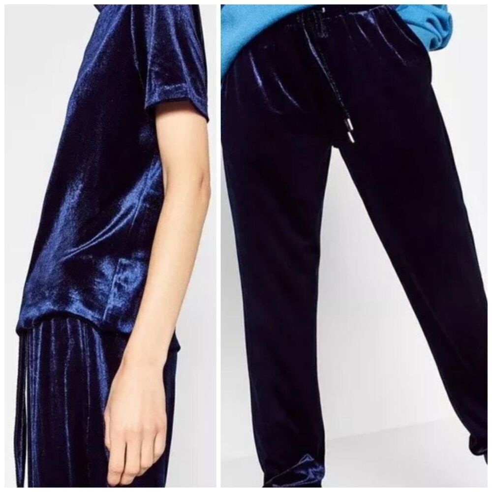 NWT Zara Women’s Blue Velvet High-Rise Straight-Leg Pants Large Dark Romantic